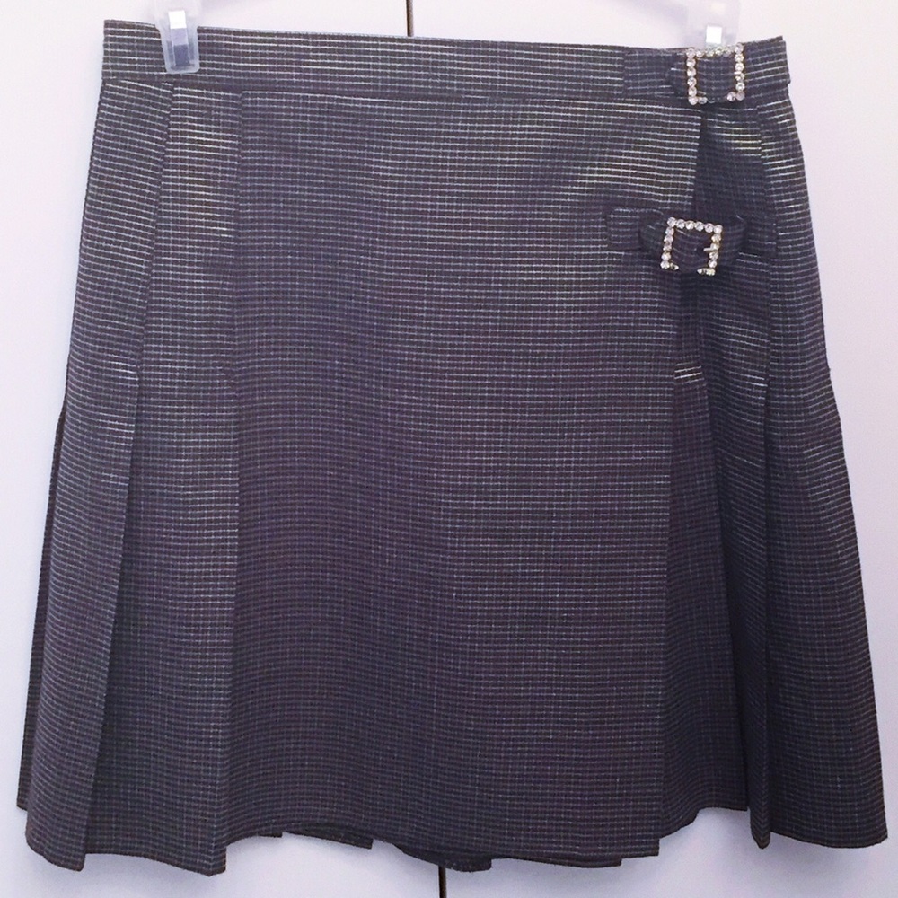 Pleated School Girl Mini Skirt with Rhinestone Buckle Detail